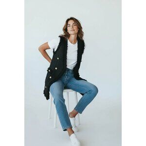 Old Money Glam Black Textured Raw Fringe Tweed Long Vest Sz S Gold Button